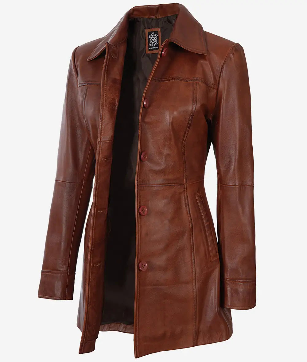 Manteau voiture en cuir cognac femme