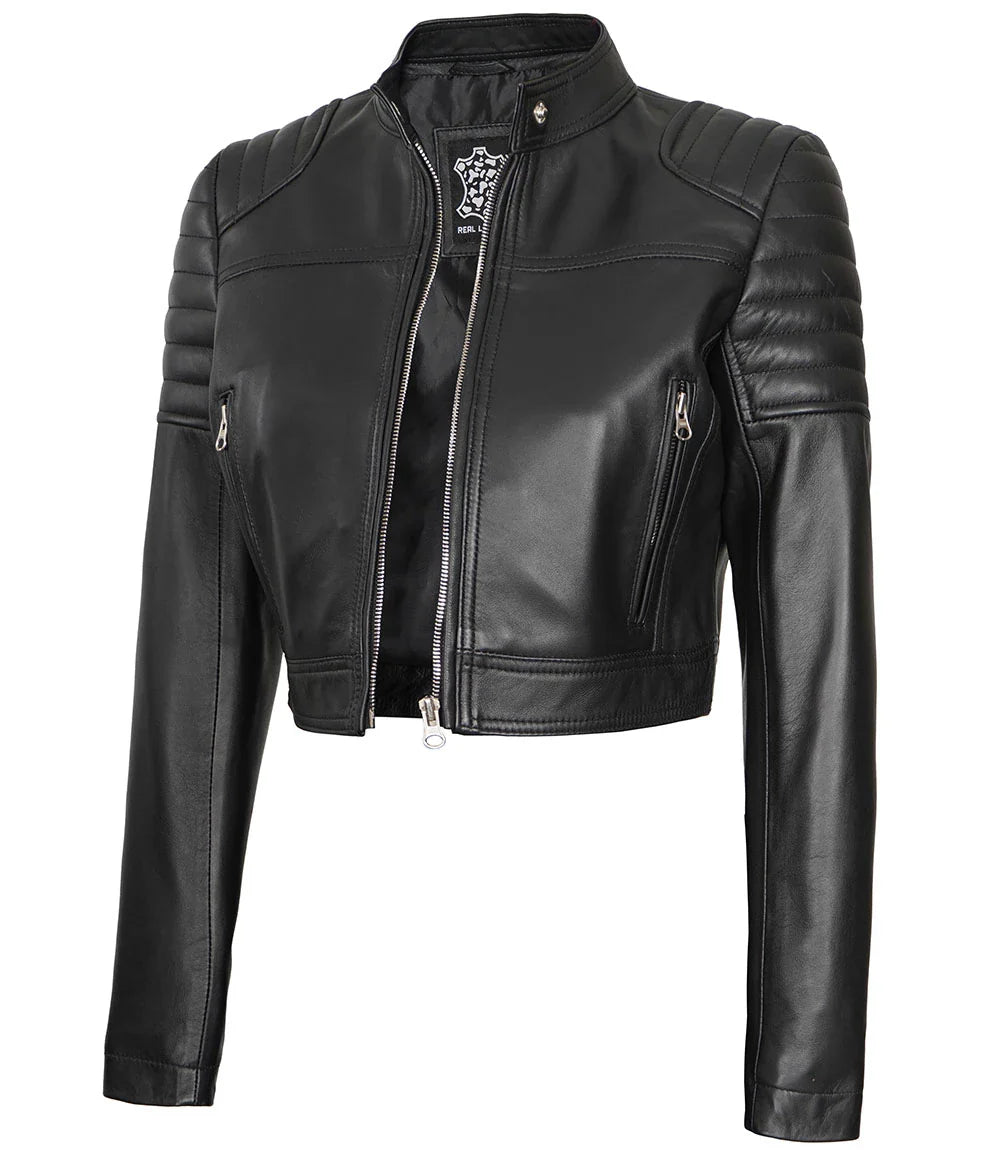 veste motard courte en cuir pour femme en noir