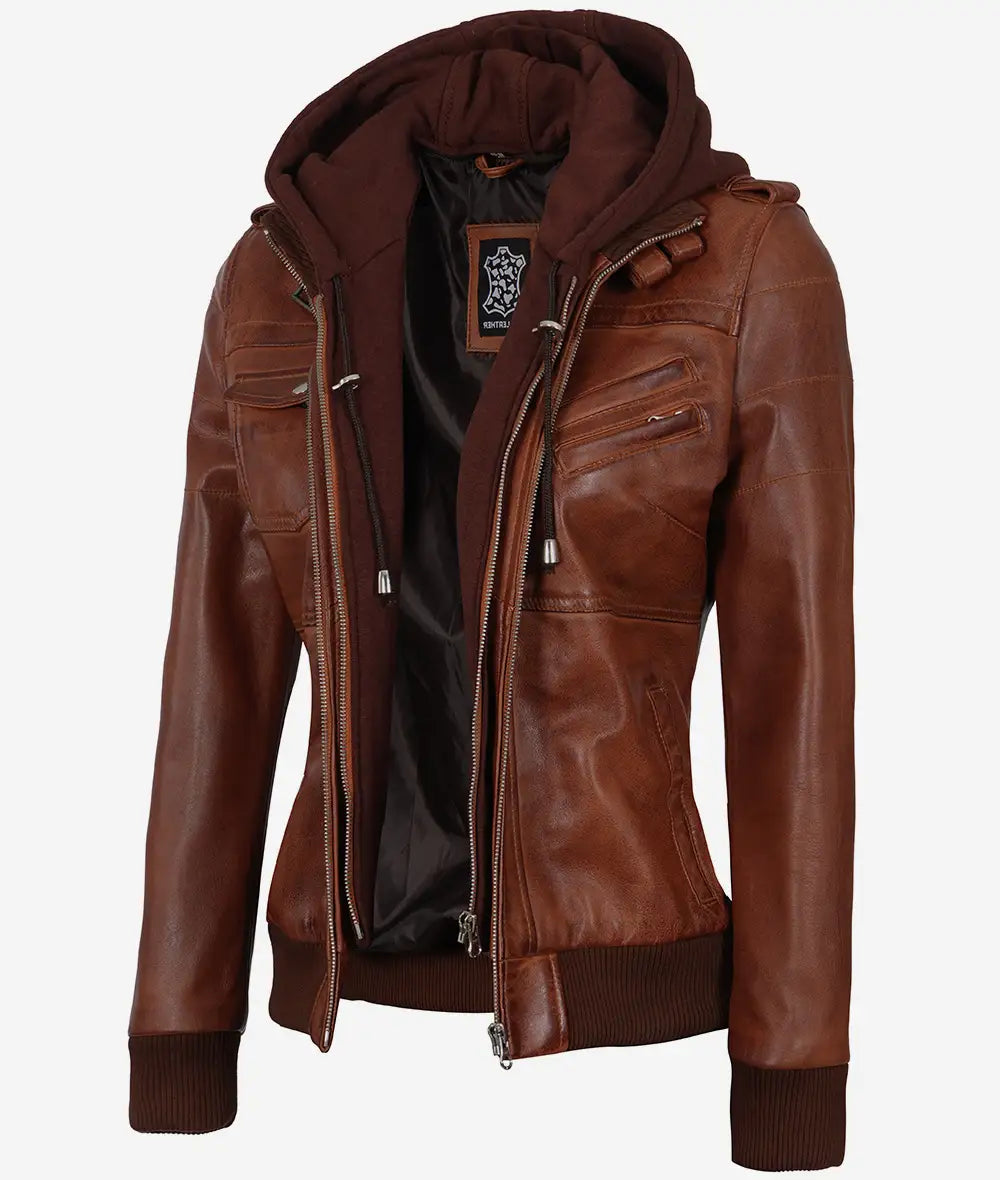 Veste en cuir bomber à capuche pour femme