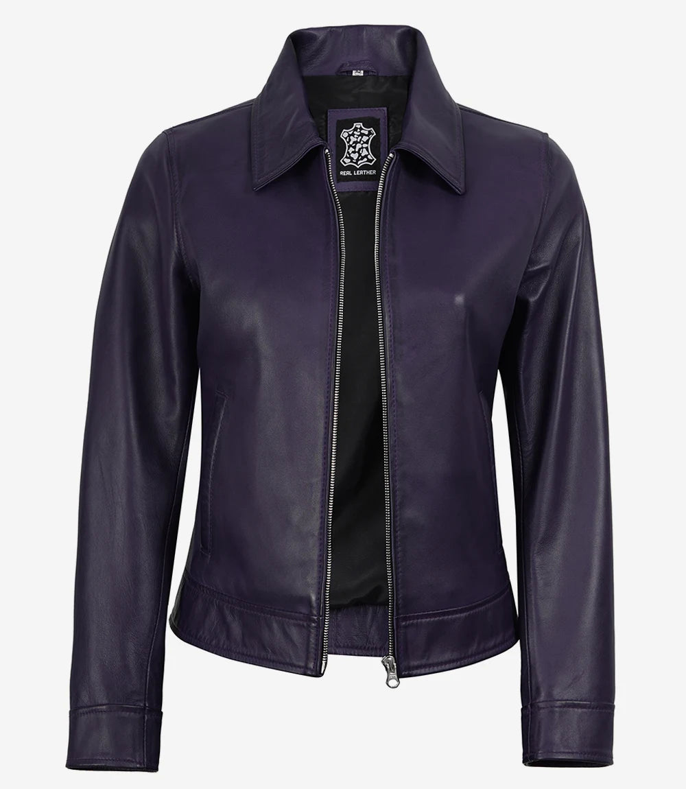 Femmes Violette Chemise Col Cuir Veste